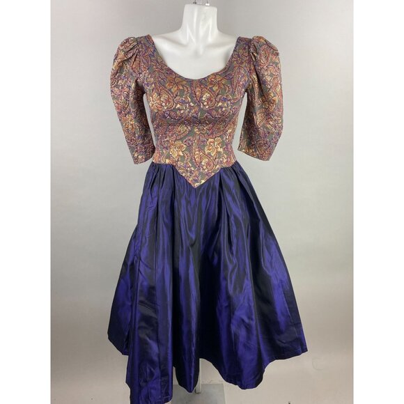 Vtg 80s Purple Gold Floral Tapestry Brocade Purple Taffeta Prom Tea Dress Glam S - Picture 2 of 6